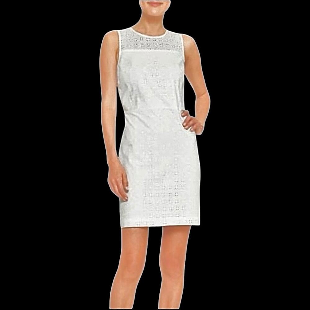 EUC Banana Republic All White Eyelet Sheath Dress Fully Lined Women's Sz 8